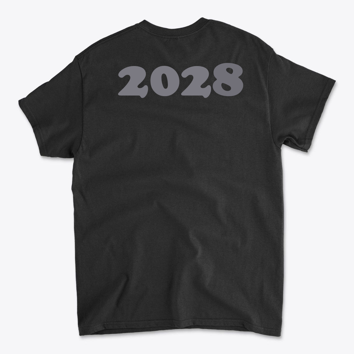 2028 Back Print Apparel Concept black graphic tee showcasing a bold '2028' print on the back.