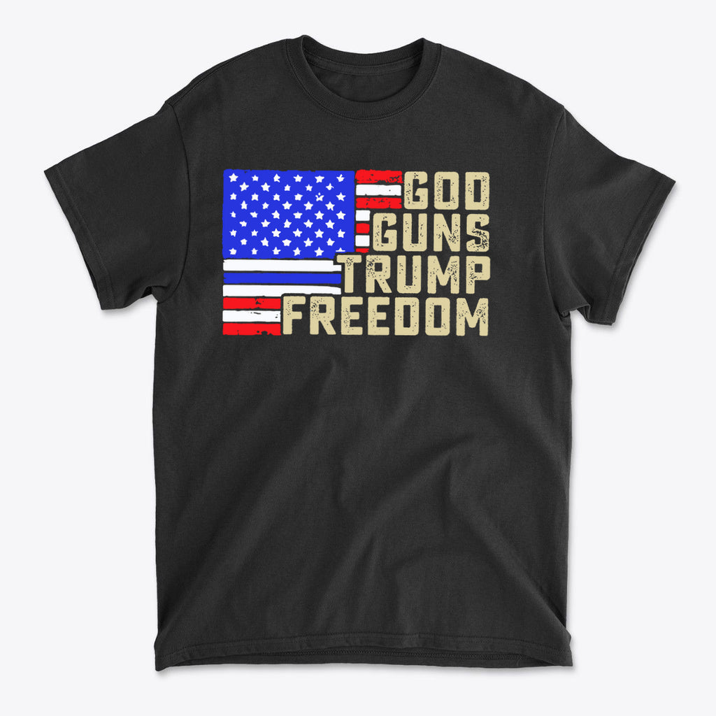 God Guns Trump Freedom Classic Patriotic Shirt Design featuring American flag design on a black t-shirt.