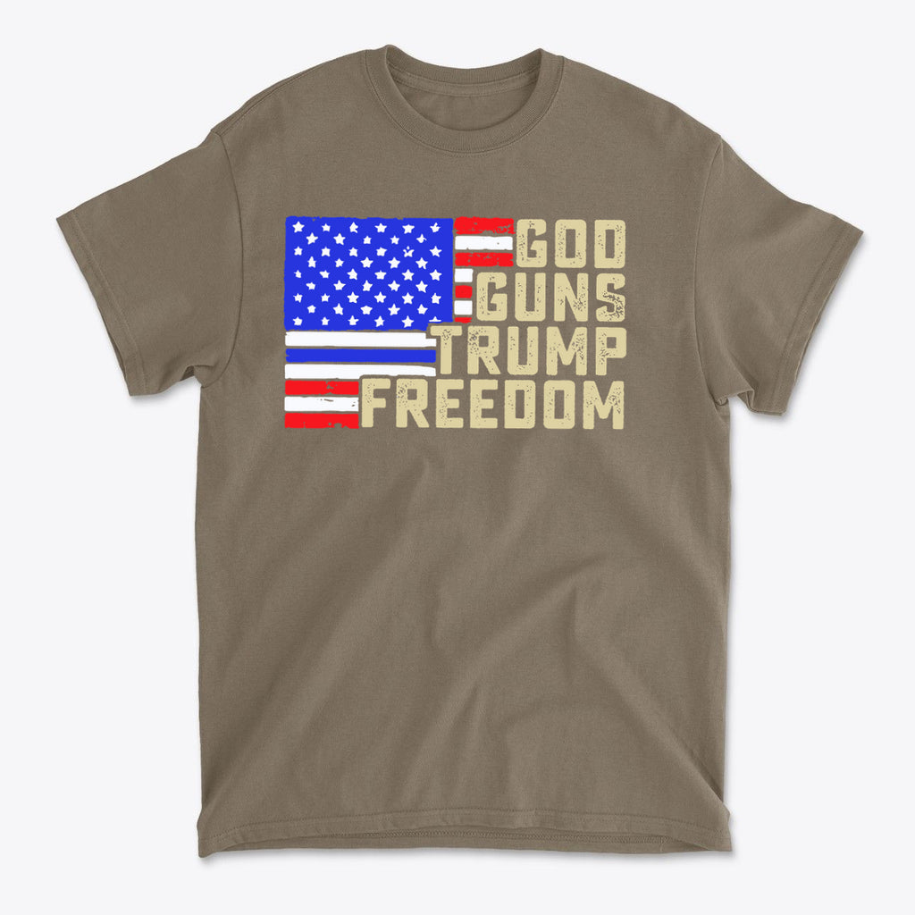God Guns Trump Freedom Classic Patriotic Shirt Design featuring an American flag design with bold text.