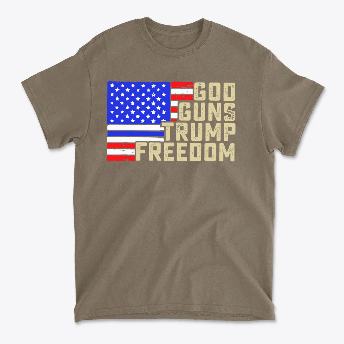 God Guns Trump Freedom Classic Patriotic Shirt Design featuring an American flag design with bold text.