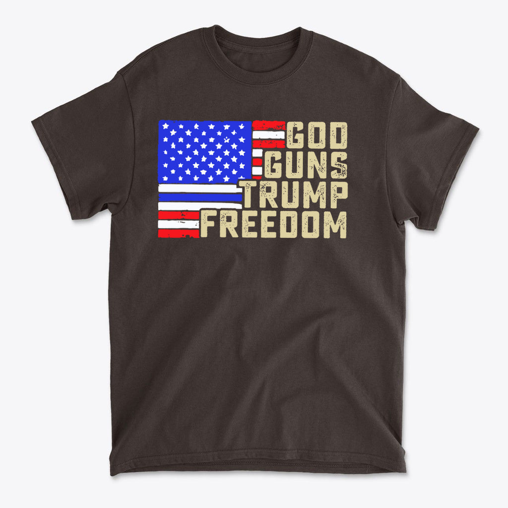 God Guns Trump Freedom Classic Patriotic Shirt Design features American flag with bold text design.
