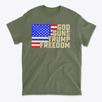 God Guns Trump Freedom Classic Patriotic Shirt Design featuring a bold American flag print in red, white, and blue.
