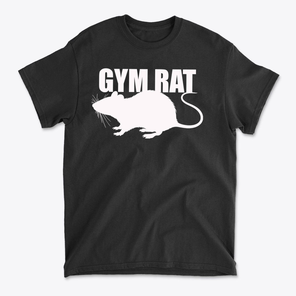 Gym Rat White Letters Classic Comfortable Shirt Design featuring a white gym rat graphic on a black t-shirt.