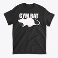 Gym Rat White Letters Classic Comfortable Shirt Design featuring a white gym rat graphic on a black t-shirt.