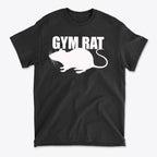 Gym Rat White Letters Classic Comfortable Shirt Design featuring a white gym rat graphic on a black t-shirt.