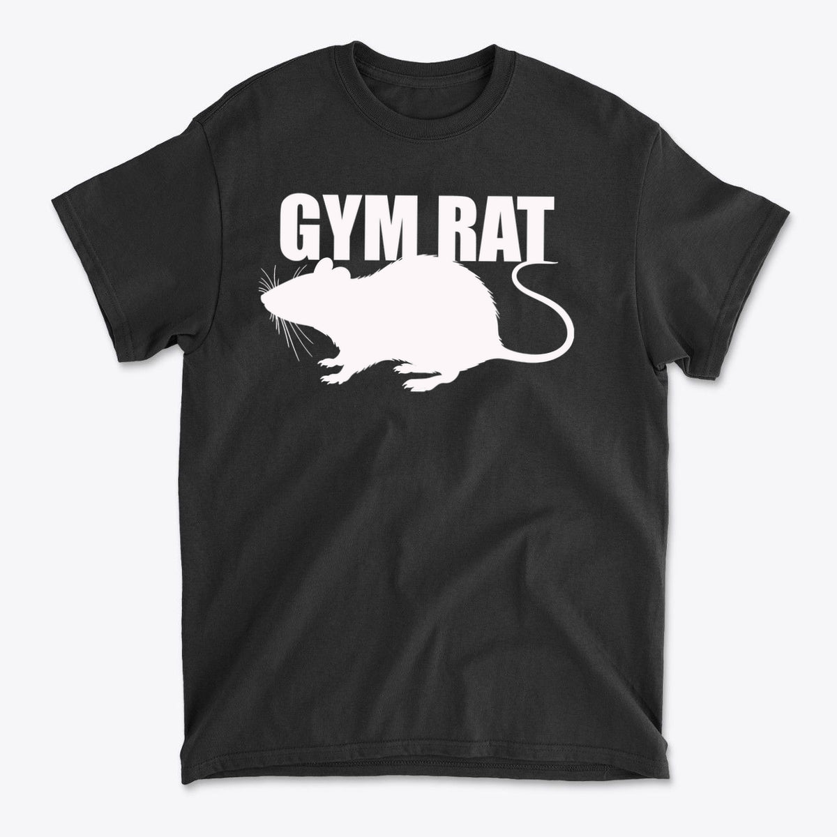Gym Rat White Letters Classic Comfortable Shirt Design featuring a white gym rat graphic on a black t-shirt.