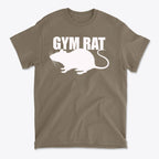 Gym Rat White Letters Classic Comfortable Shirt Design featuring a rat silhouette and bold text on a khaki background.