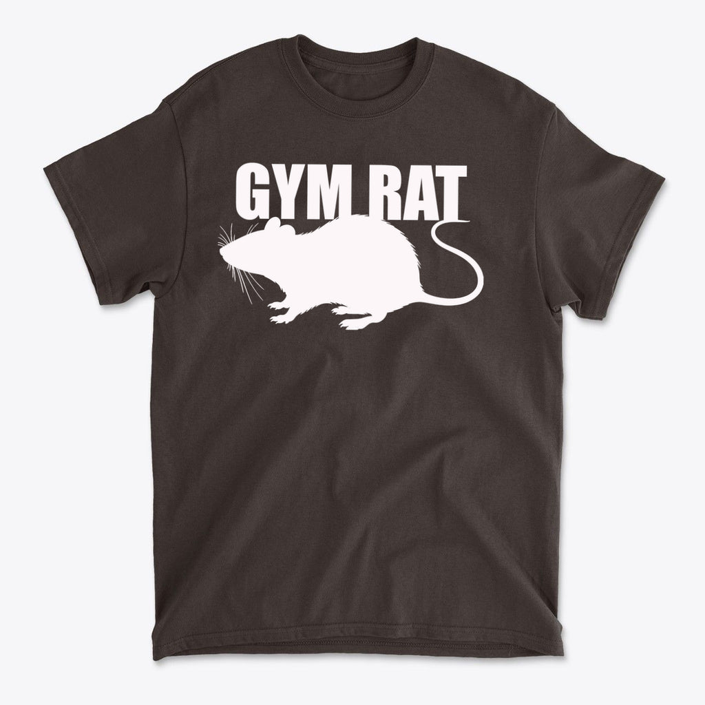 Gym Rat White Letters Classic Comfortable Shirt Design featuring a white rat graphic on a dark shirt.