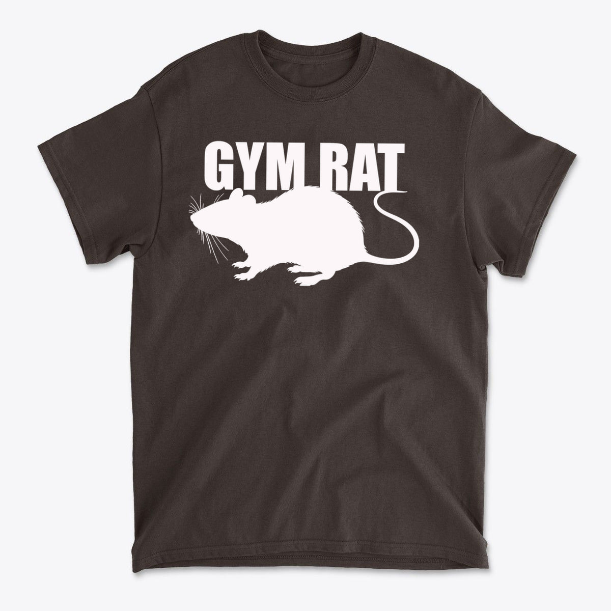 Gym Rat White Letters Classic Comfortable Shirt Design featuring a white rat graphic on a dark shirt.