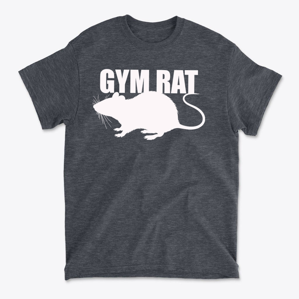 Gym Rat White Letters Classic Comfortable Shirt Design featuring a white graphic of a rat on a dark shirt.