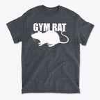 Gym Rat White Letters Classic Comfortable Shirt Design featuring a white graphic of a rat on a dark shirt.