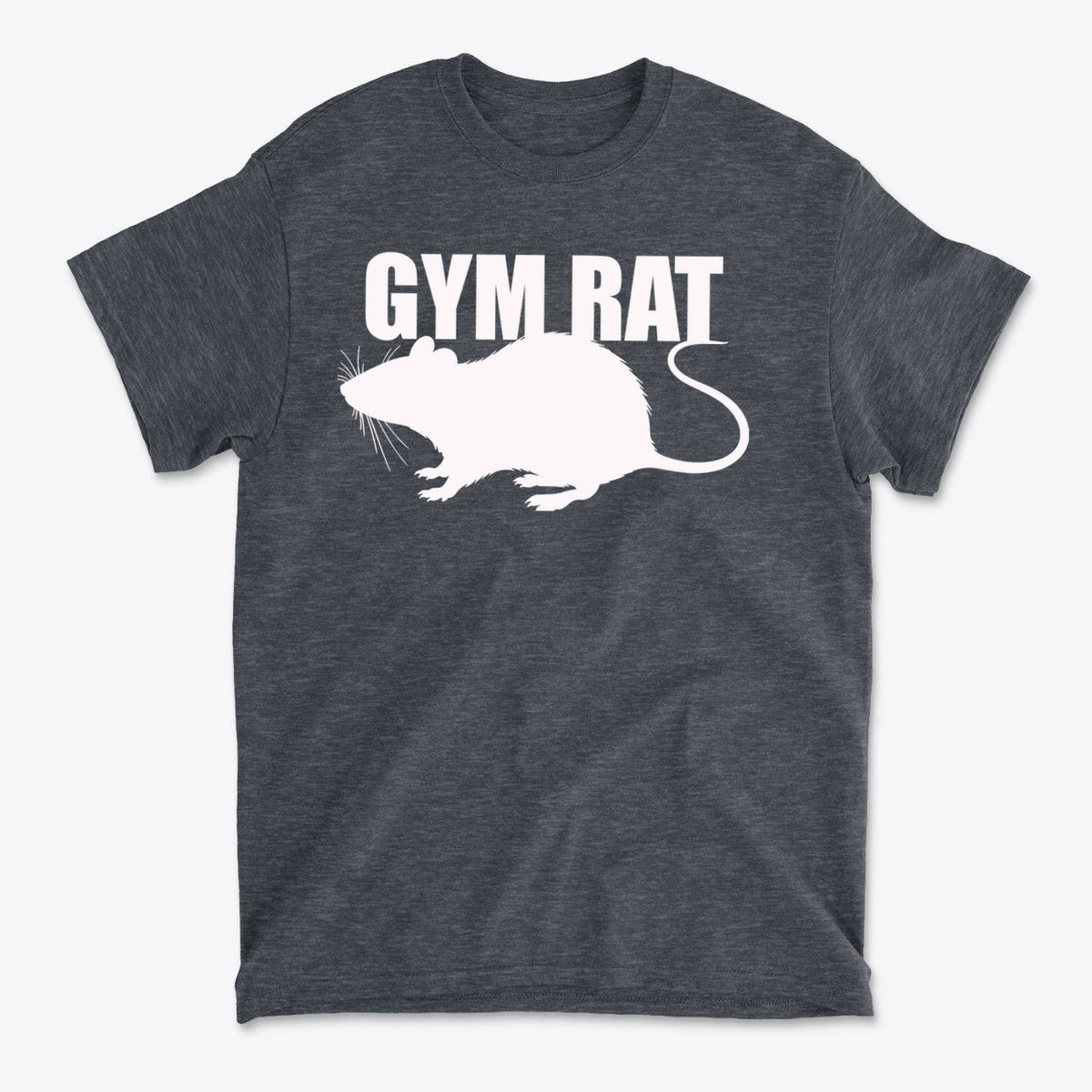 Gym Rat White Letters Classic Comfortable Shirt Design featuring a white graphic of a rat on a dark shirt.