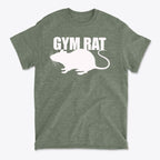 Gym Rat White Letters Classic Comfortable Shirt Design featuring a white rat graphic on a green shirt.