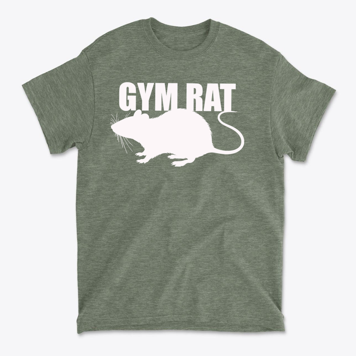 Gym Rat White Letters Classic Comfortable Shirt Design featuring a white rat graphic on a green shirt.