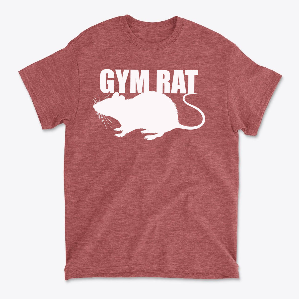 Gym Rat White Letters Classic Comfortable Shirt Design featuring a rat silhouette and bold white letters on a red tee.