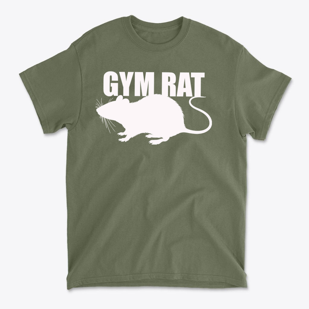 Gym Rat White Letters Classic Comfortable Shirt Design on an olive green t-shirt with a rat graphic.