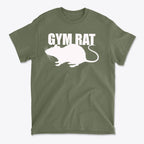 Gym Rat White Letters Classic Comfortable Shirt Design on an olive green t-shirt with a rat graphic.