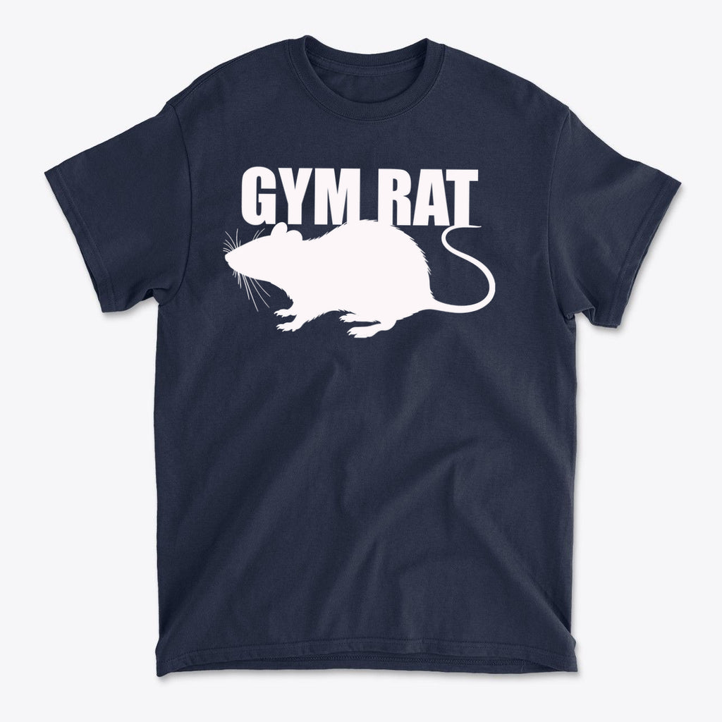 Gym Rat White Letters Classic Comfortable Shirt Design featuring a mouse graphic on a navy background.