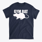 Gym Rat White Letters Classic Comfortable Shirt Design featuring a mouse graphic on a navy background.