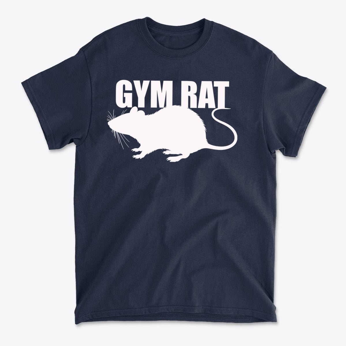Gym Rat White Letters Classic Comfortable Shirt Design featuring a mouse graphic on a navy background.