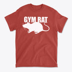 Gym Rat White Letters Classic Comfortable Shirt Design featuring a white gym rat graphic on a red shirt.