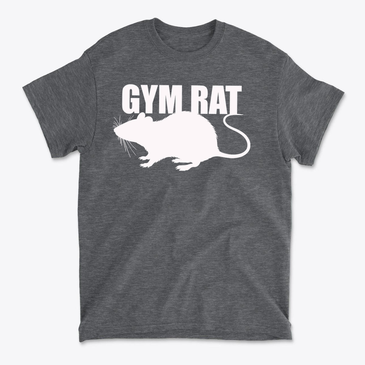 Gym Rat White Letters Classic Comfortable Shirt Design featuring a rat graphic in bold white letters.