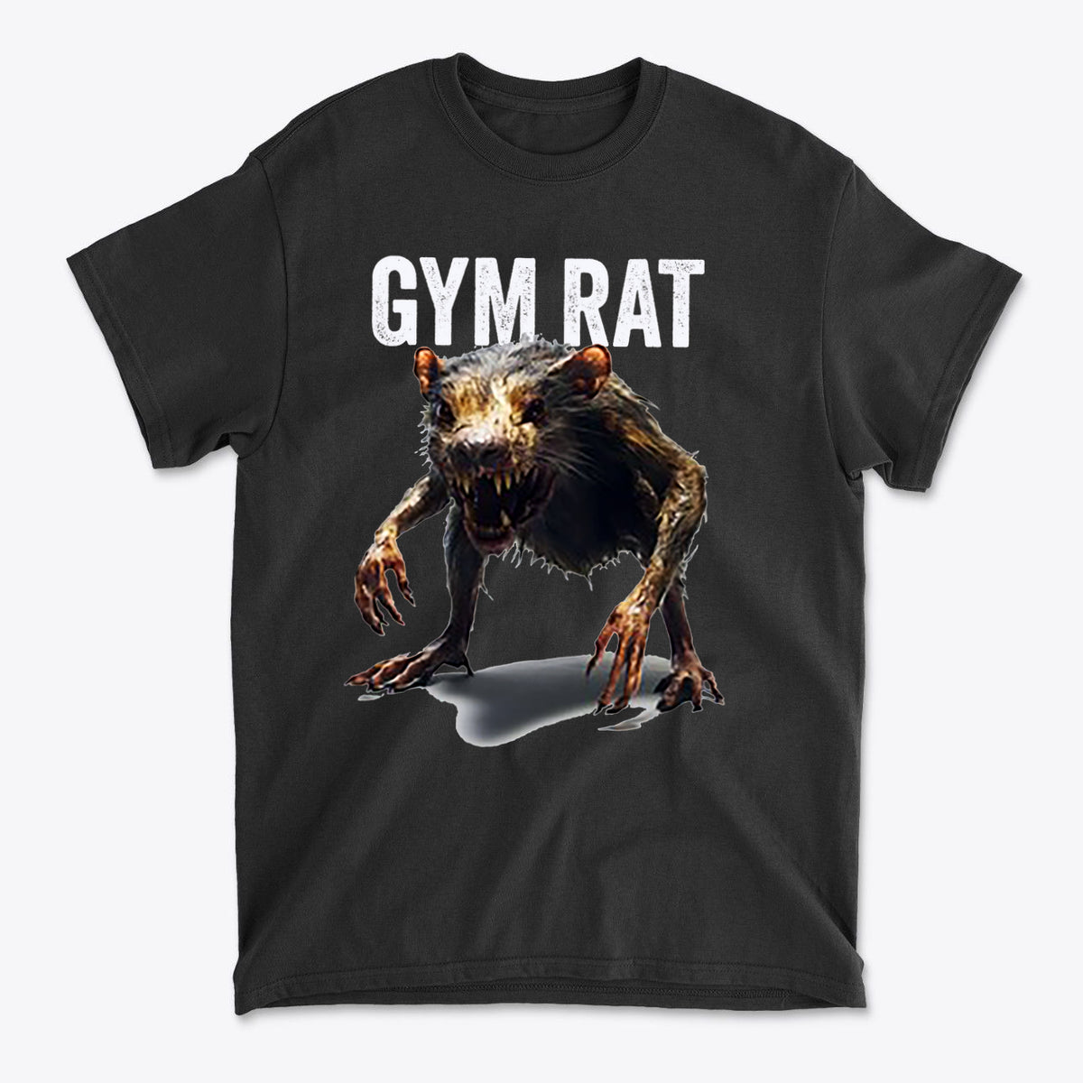 Gym Rat 2 Basic Lifestyle Comfortable Shirt Design featuring a graphic of a fierce rat on a black shirt.