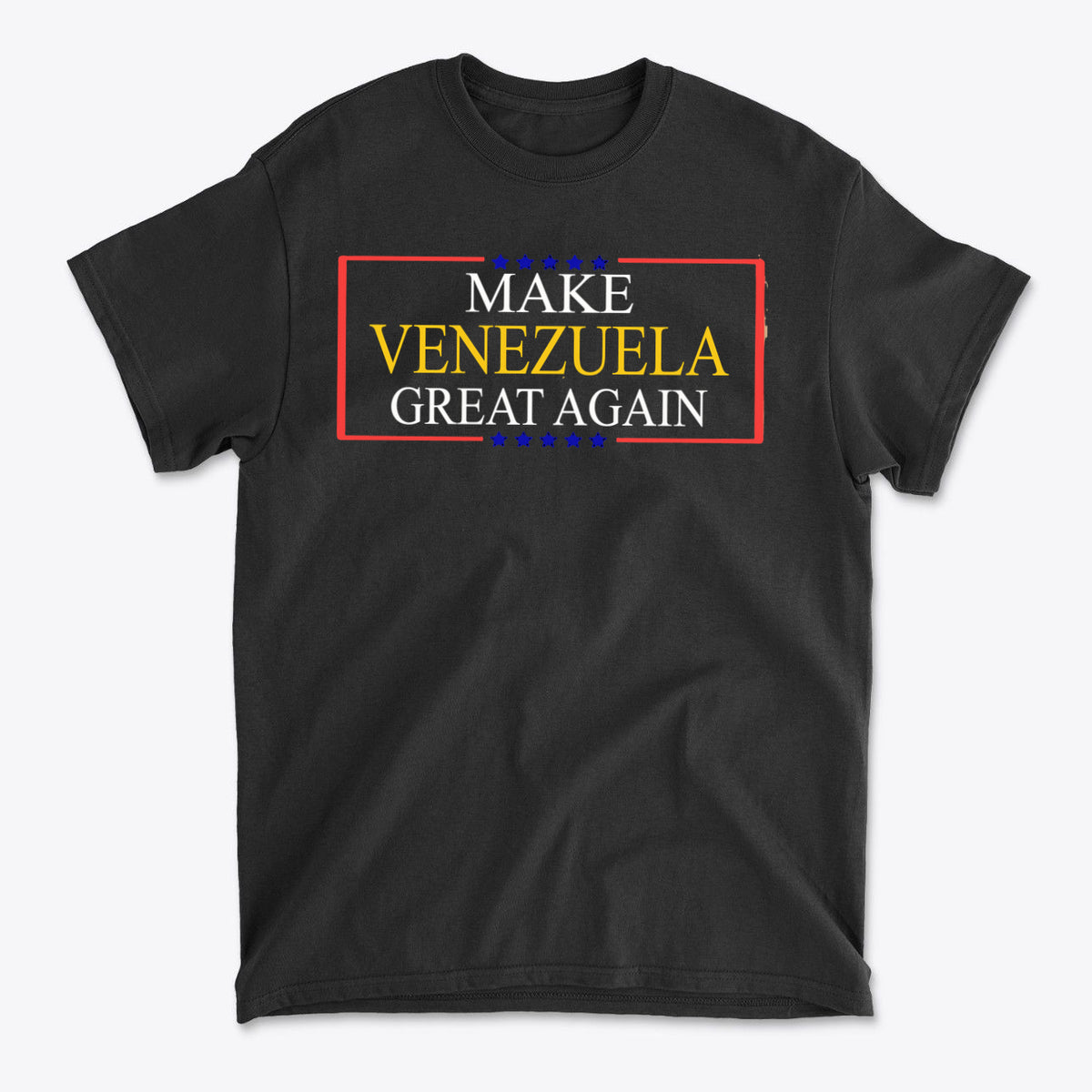 Make Venezuela Great Again Stylish Graphic Apparel on a black t-shirt with bold lettering.