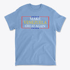 Make Venezuela Great Again Stylish Graphic Apparel t-shirt in blue with bold text design.
