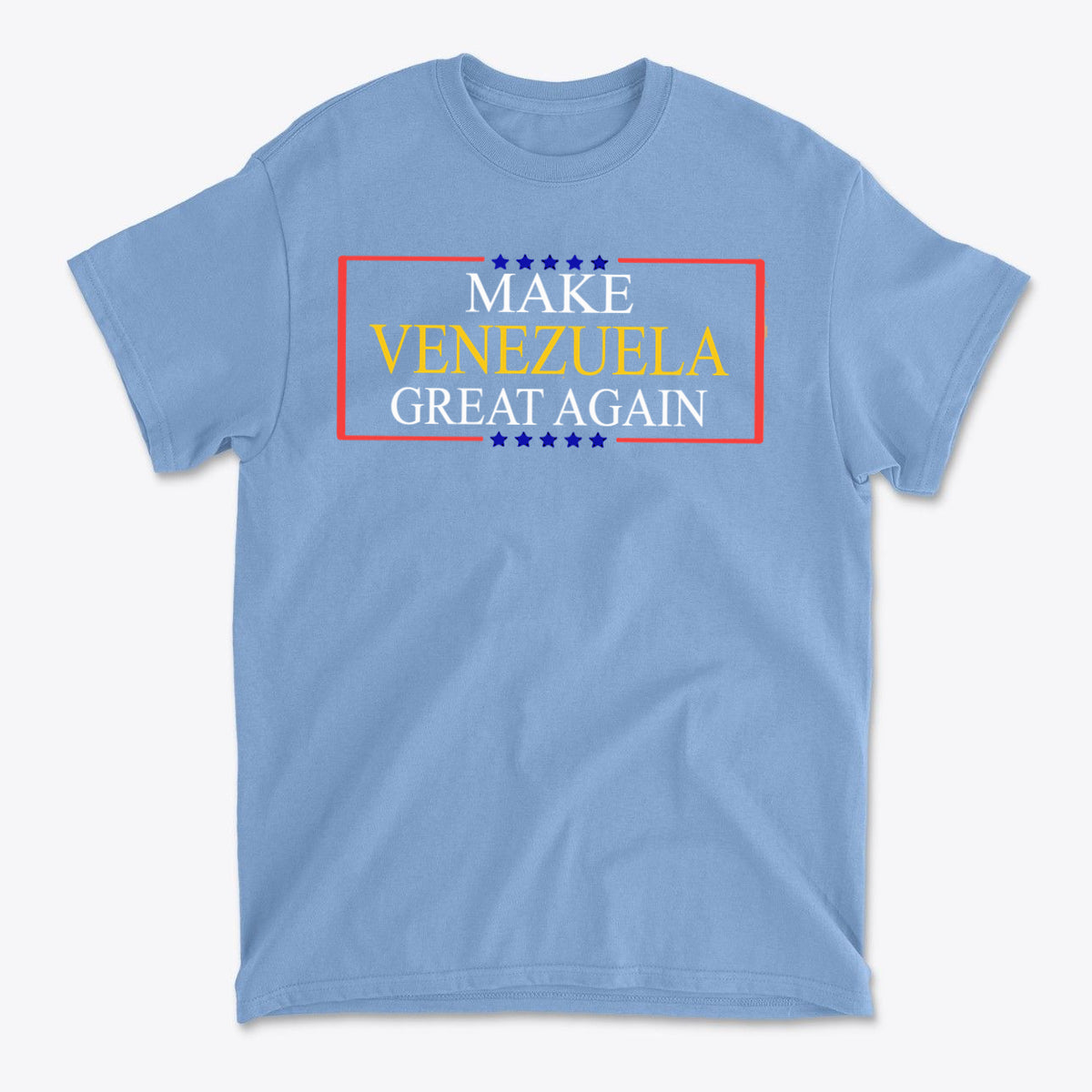 Make Venezuela Great Again Stylish Graphic Apparel t-shirt in blue with bold text design.