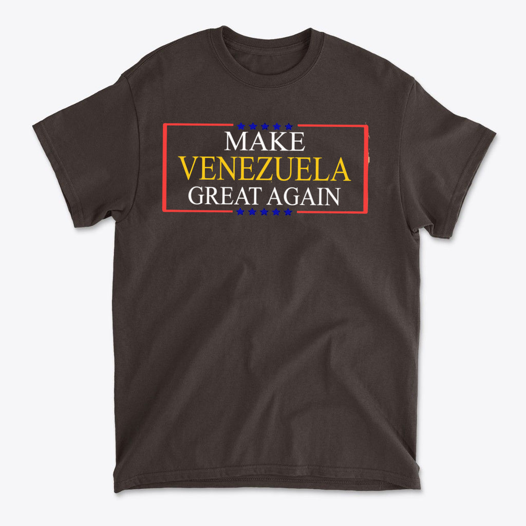 Make Venezuela Great Again Stylish Graphic Apparel design on a dark t-shirt, showcasing pride and modern expression.