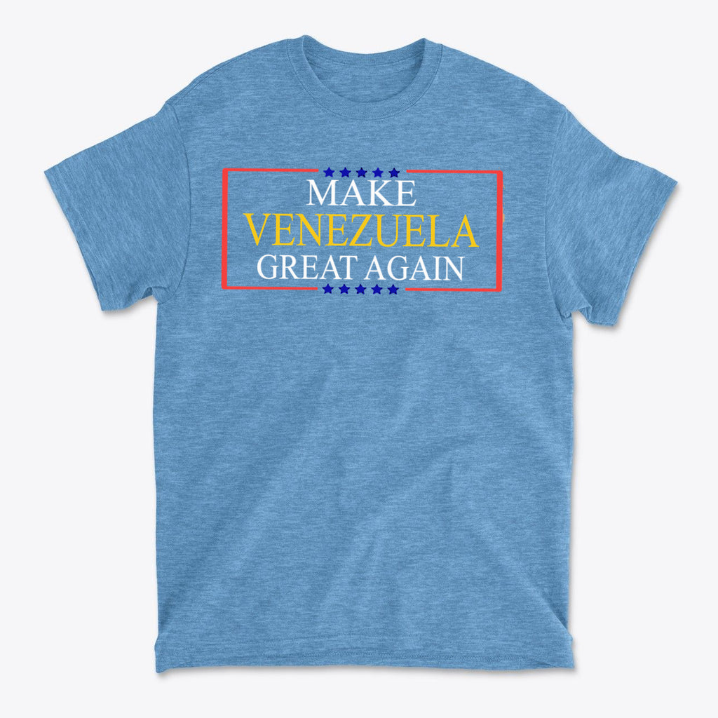 Make Venezuela Great Again Stylish Graphic Apparel on a blue t-shirt with bold text design.