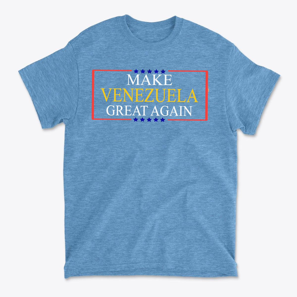 Make Venezuela Great Again Stylish Graphic Apparel on a blue t-shirt with bold text design.