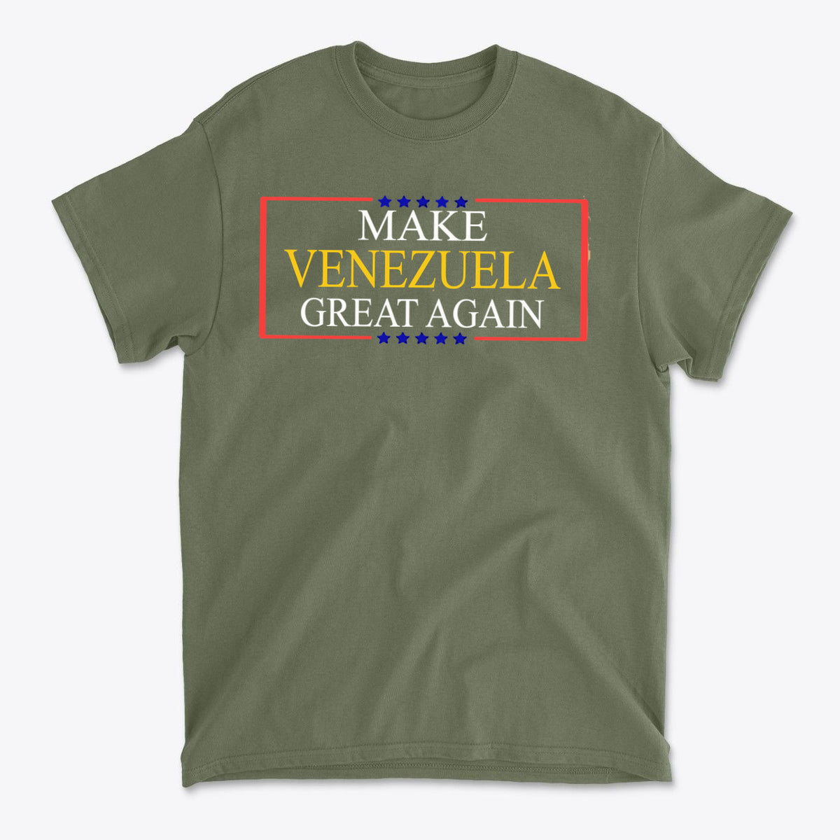 Make Venezuela Great Again Stylish Graphic Apparel on a green t-shirt, featuring bold text and star accents.