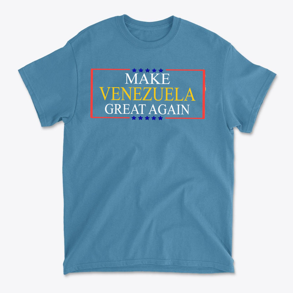 Make Venezuela Great Again Stylish Graphic Apparel on a blue t-shirt showcasing pride and identity.