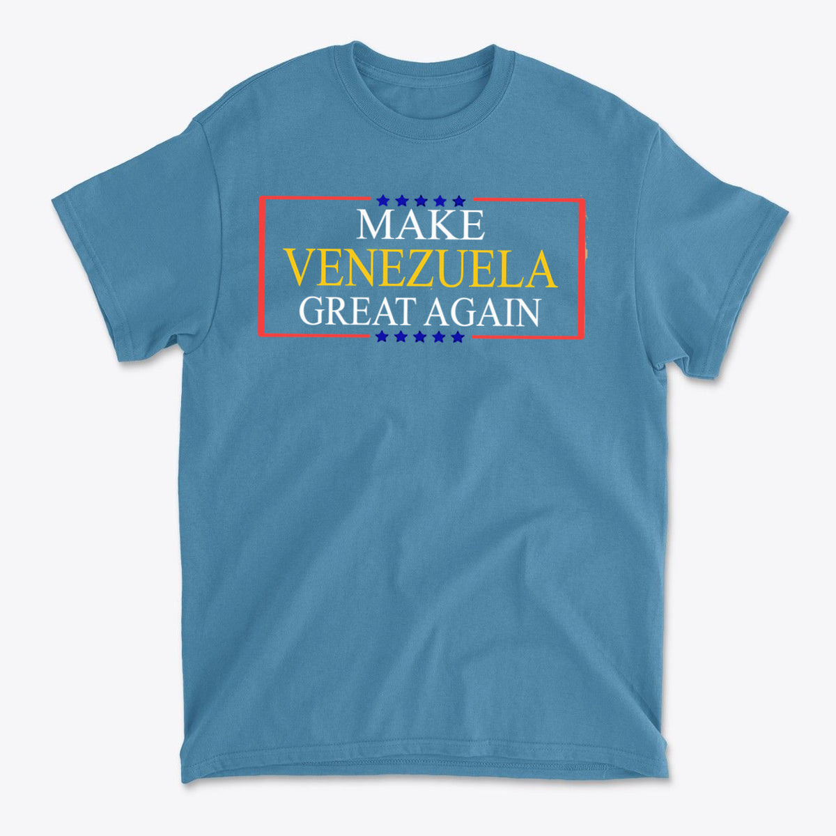 Make Venezuela Great Again Stylish Graphic Apparel on a blue t-shirt showcasing pride and identity.