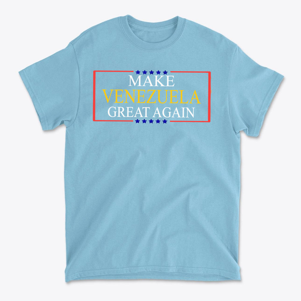 Make Venezuela Great Again Stylish Graphic Apparel on a light blue t-shirt with bold colors and modern design.