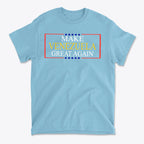 Make Venezuela Great Again Stylish Graphic Apparel on a light blue t-shirt with bold colors and modern design.