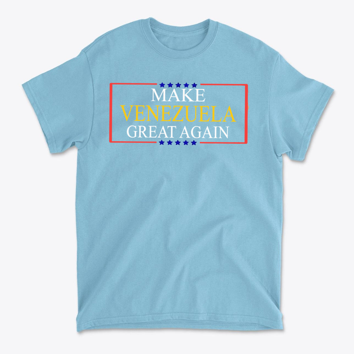 Make Venezuela Great Again Stylish Graphic Apparel on a light blue t-shirt with bold colors and modern design.