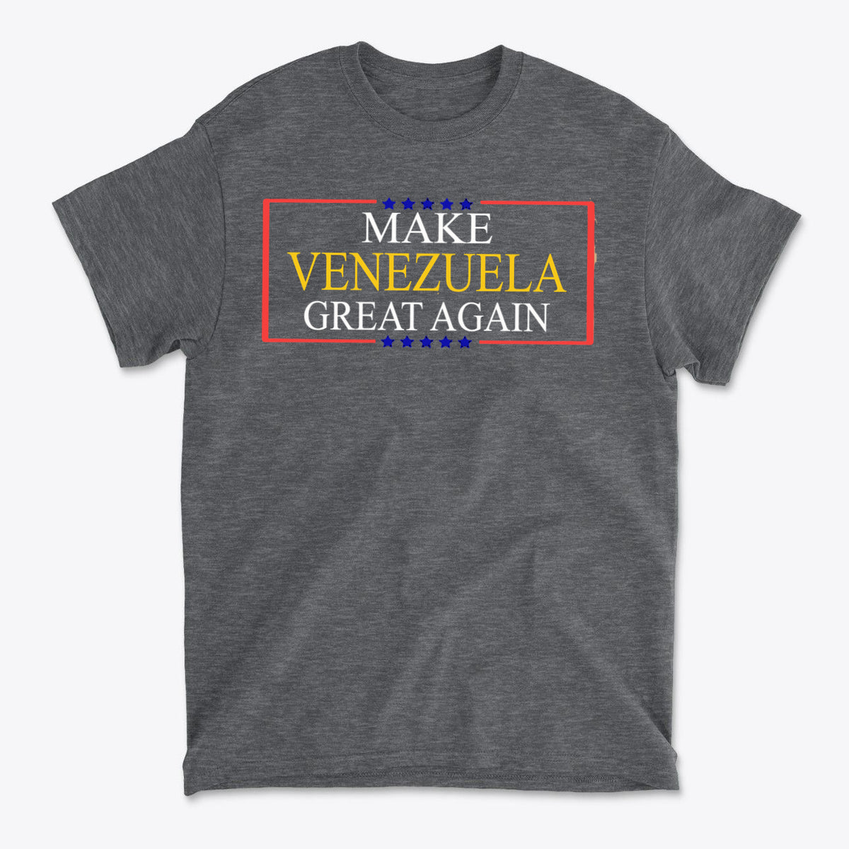 Make Venezuela Great Again Stylish Graphic Apparel on a gray t-shirt with bold lettering.