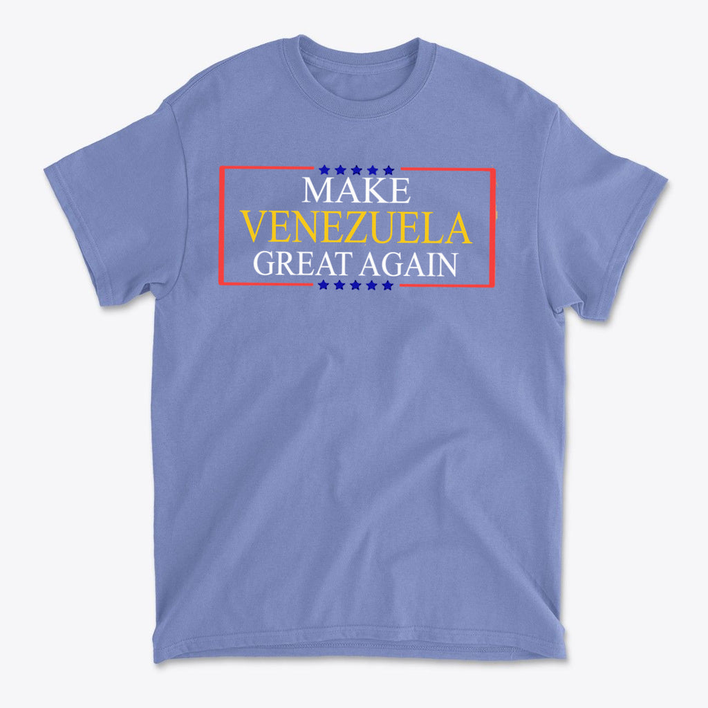 Make Venezuela Great Again Stylish Graphic Apparel on a blue t-shirt with bold lettering.