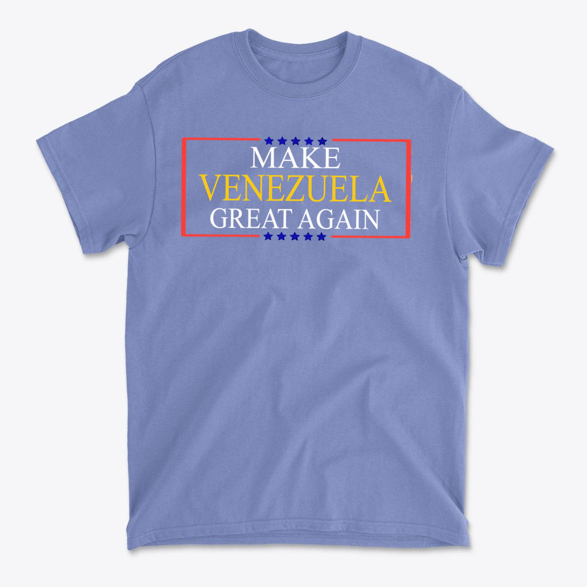 Make Venezuela Great Again Stylish Graphic Apparel on a blue t-shirt with bold lettering.