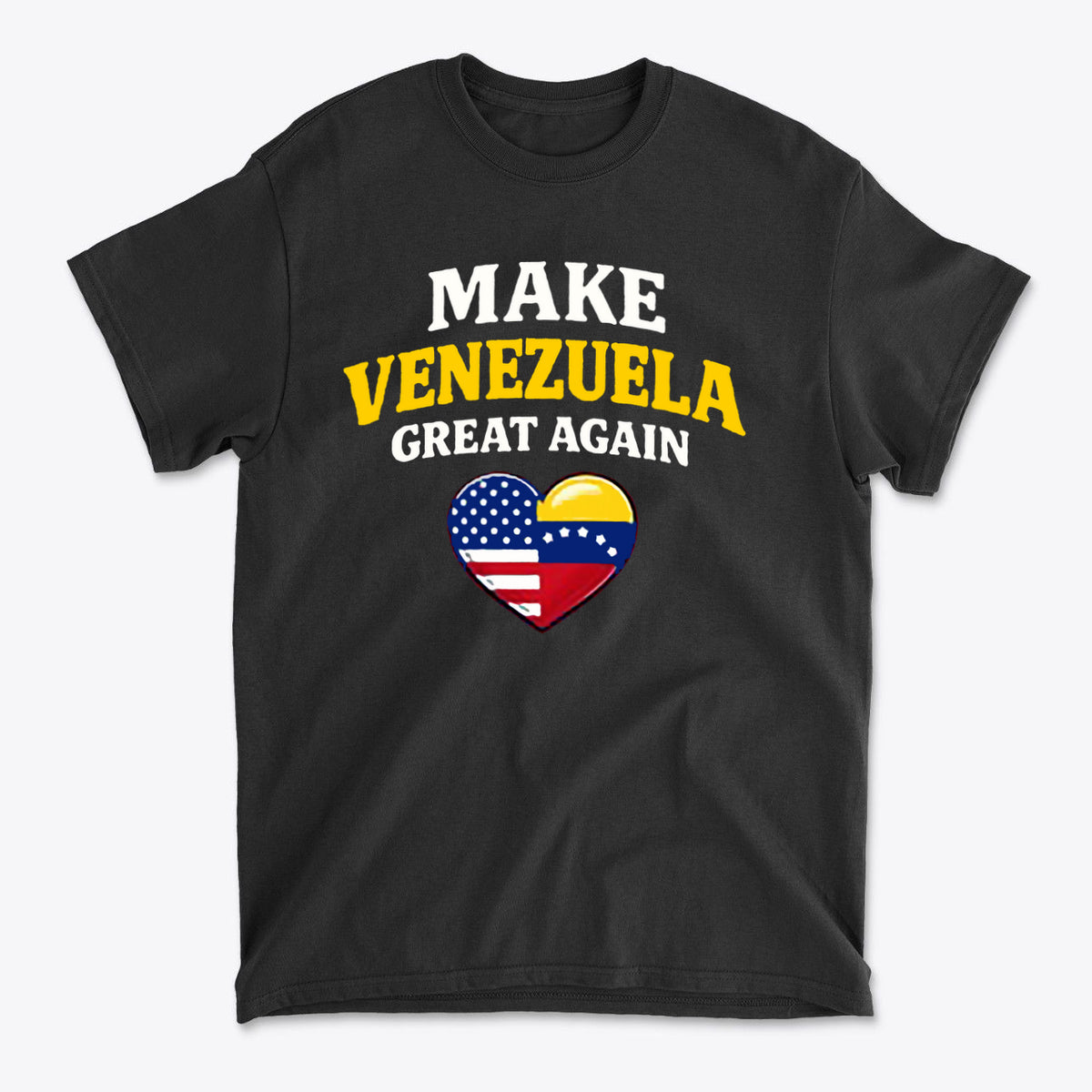 Make Venezuela Great Again With Flag Heart t-shirt featuring a heart with Venezuela and USA flags.