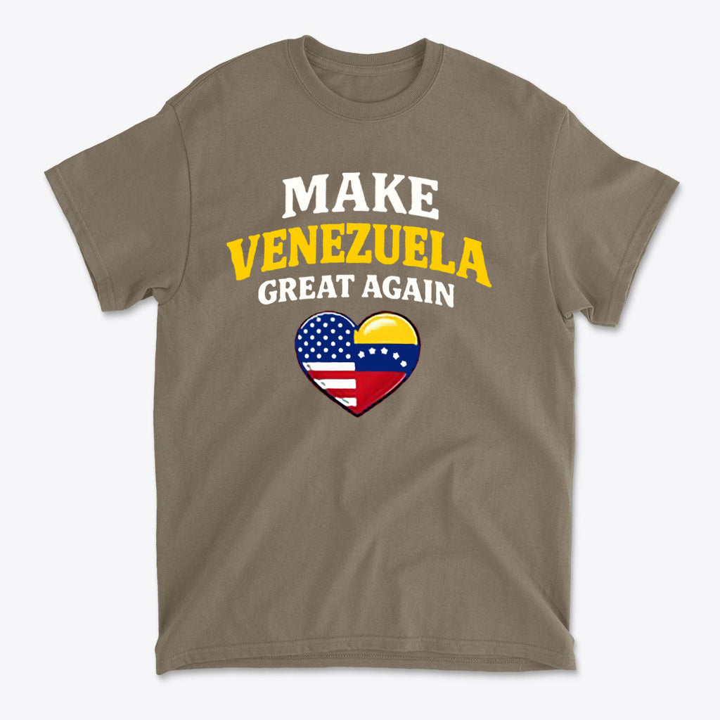Make Venezuela Great Again With Flag Heart graphic t-shirt design featuring flags and heart symbol.