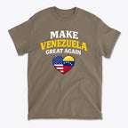 Make Venezuela Great Again With Flag Heart graphic t-shirt design featuring flags and heart symbol.