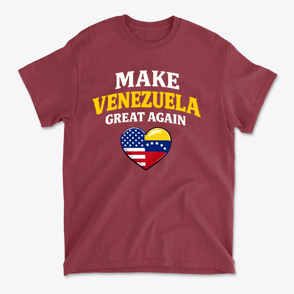 Make Venezuela Great Again With Flag Heart graphic t-shirt in maroon color featuring patriotic heart design.