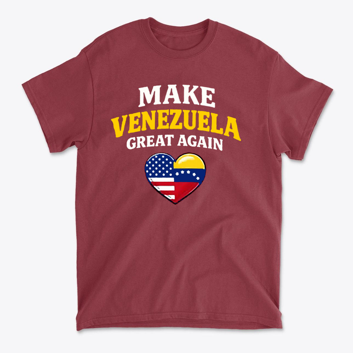 Make Venezuela Great Again With Flag Heart graphic t-shirt in maroon color featuring patriotic heart design.