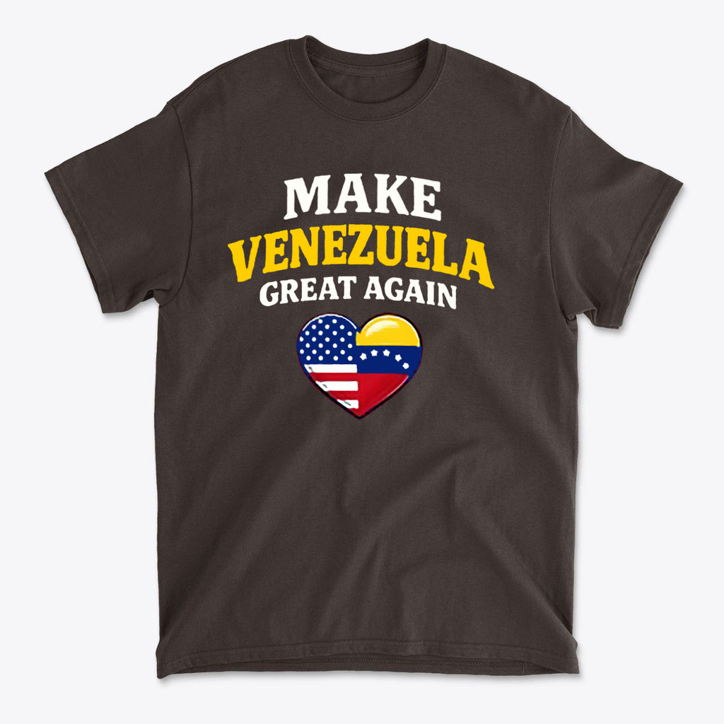 Make Venezuela Great Again With Flag Heart graphic t-shirt featuring patriotic message and heart design.