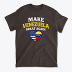Make Venezuela Great Again With Flag Heart graphic t-shirt featuring patriotic message and heart design.