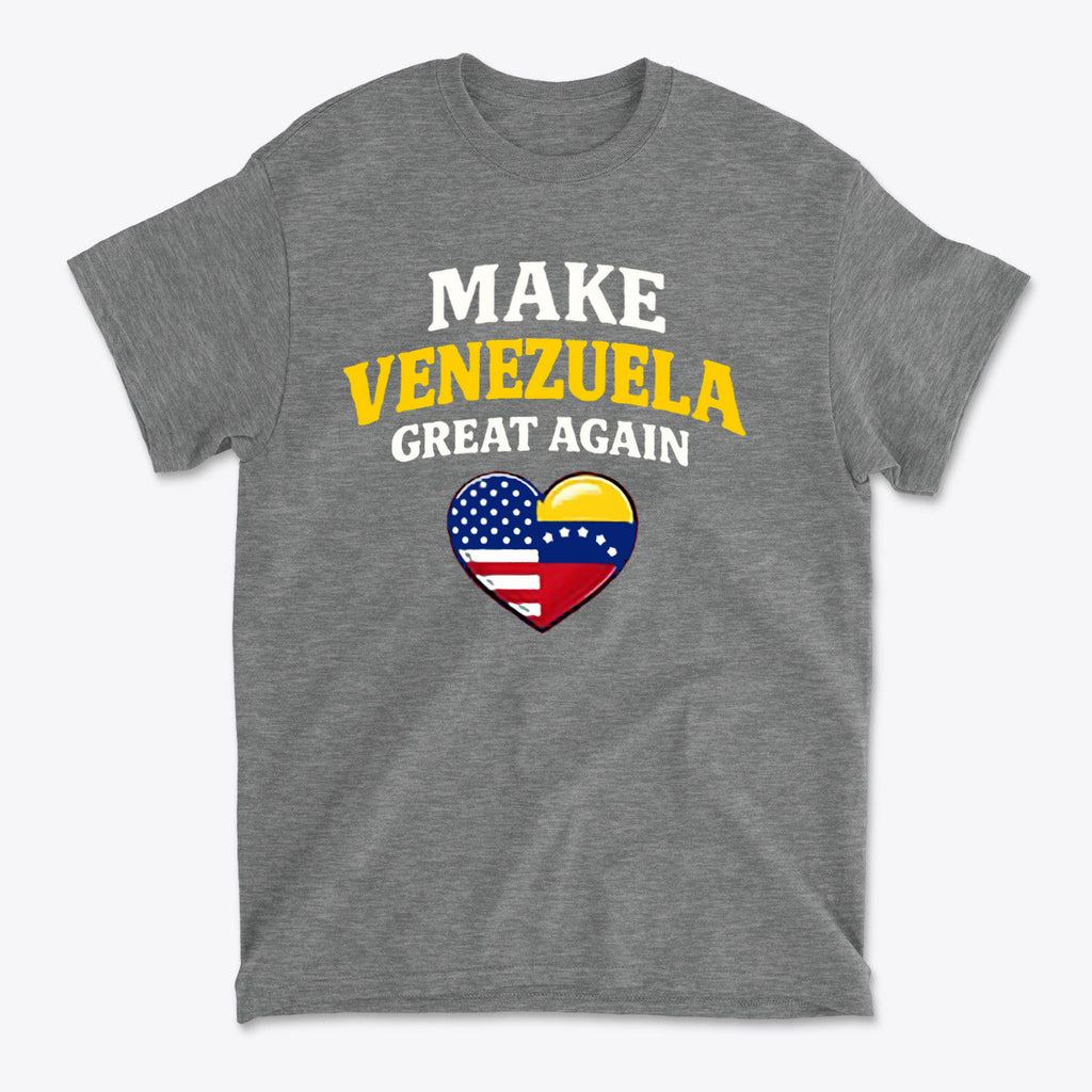 Make Venezuela Great Again With Flag Heart graphic t-shirt featuring patriotic design and colorful heart emblem.